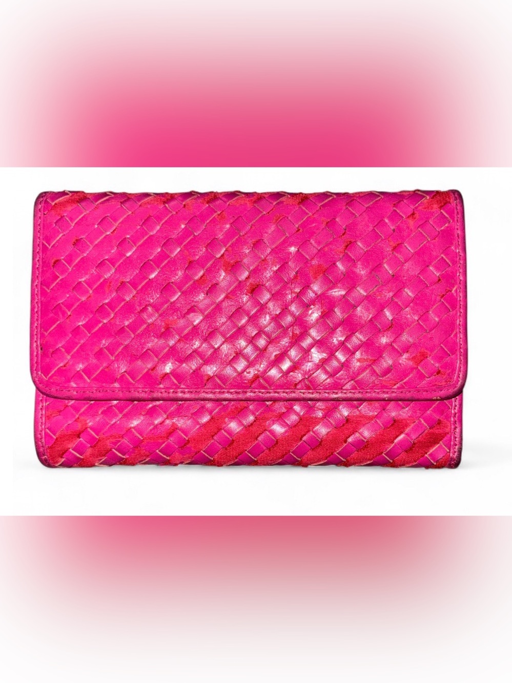 Woven Leather Foldover Clutch in Hot Pink